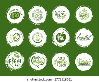 Fresh Vegan Food Label, Green Poster Natural And Herbal Product, 100 Percent Organic, Healthy Product, Set Of Emblem, Market Sticker Vector. Menu Logo On White Abstract Watercolor Lable