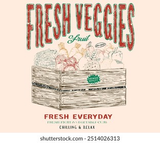 Diseño vegano fresco y caja de fruta.  Diseño de conjuntos de frutas y verduras. Mercado de verduras ecológicas. Obras de arte de la tienda de verduras frescas para la impresión de la camiseta, el cartel, la etiqueta engomada y otros usos.