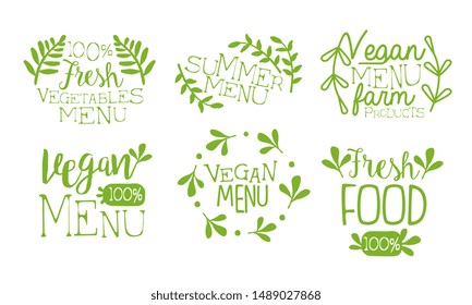 Fresh Vegan Menu Labels Set, Fresh Farm Products Summer Menu Hand Drawn Badges Vector Illustration