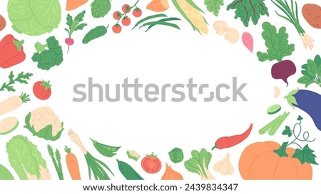 Fresh vegetable background frame, banner template with organic farmer harvest. Hand drawn border with various vegetables, healthy food ingredients vector graphic design element illustration
