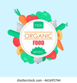 Fresh Vegetable Banner from tomato, cucumber and cabbage, carrot, mushroom and garlic. Tasty natural food badge. Vegan sticker. Eco design element. Vector