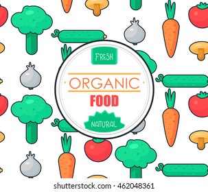 Fresh Vegetable Banner from tomato, cucumber and cabbage, carrot, mushroom and garlic. Tasty natural food badge. Vegan sticker. Eco design element. Vector