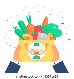 Fresh Vegetable Banner from tomato, cucumber and cabbage, carrot, mushroom and garlic in bag. Tasty natural food badge. Vegan sticker. Eco design element. Vector