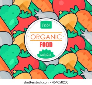 Fresh Vegetable Banner from tomato, cucumber and cabbage, carrot, mushroom and garlic. Tasty natural food badge. Vegan sticker. Eco design element. Vector