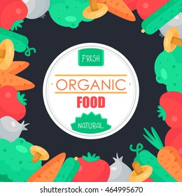Fresh Vegetable Banner from tomato, cucumber and cabbage, carrot, mushroom and garlic. Tasty natural food badge. Vegan sticker. Eco design element. Vector