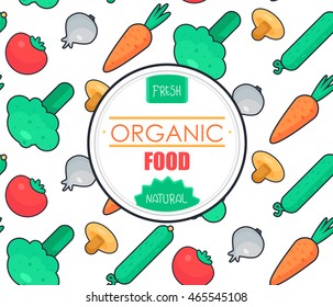 Fresh Vegetable Banner from tomato, cucumber and cabbage, carrot, mushroom and garlic. Tasty natural food badge. Vegan sticker. Eco design element. Vector