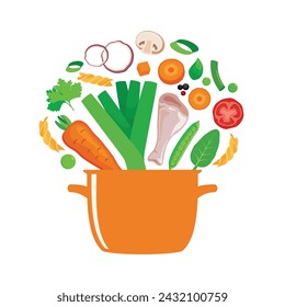 Fresh vegetable and chicken meat flying into a pot vector illustration. Pot of chicken soup icon vector isolated on a white background. Healthy vegetable broth design element