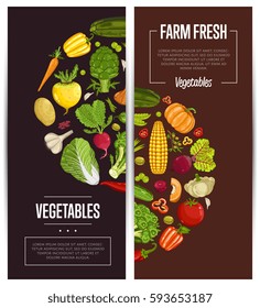 Fresh vegetable farming flyers set vector illustration. Natural growing vegetable, vegan retail, product store poster. Healthy farm food advertising with garlic, potato, pumpkin, cabbage, tomato, corn
