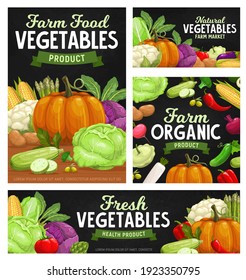 Fresh vegetable food chalkboard banners with cartoon veggies. Vector farm tomato, pepper or chilli, broccoli, cabbage and radish, cauliflower, zucchini and pumpkin, eggplant, potato and asparagus