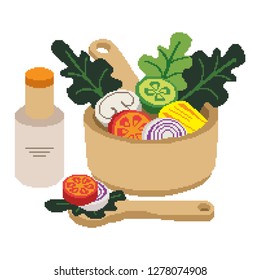 Fresh vegetable and green leaf salad dish. Vector illustration