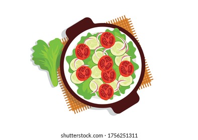 Plato de ensalada de hojas verdes y vegetales con lechuga de tomate de pepino Ilustración