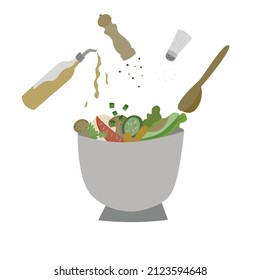  Plato de ensalada de verduras y hojas verdes. Objeto de tazón de ensalada con ingredientes diferentes. Alimentos frescos y saludables. Concepto de alimentación saludable.