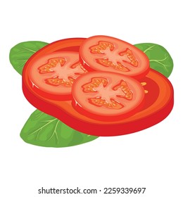 Fresh vegetable icon isometric vector. Red fresh tomato slice and spinach leaf. Food concept, healthy nutrition