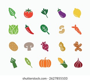 Ícones de vegetais frescos definidos em ilustração de design simples e colorida. Ícones de legumes no fundo branco para design gráfico e web