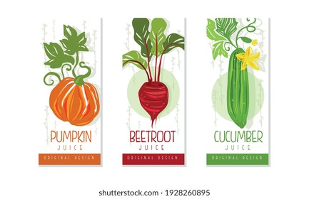 Fresh Vegetable Juice Labels Set, Pumpkin, Beetroot, Cucumber Juice Badges, Packaging Design Templates Cartoon Style Vector Illustration