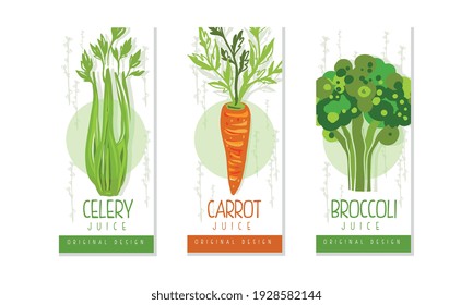 Fresh Vegetable Juice Labels Set, Celery, Carrot, Broccoli Juice Badges, Packaging Design Templates Cartoon Style Vector Illustration