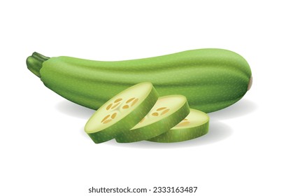 Frische Gemüsemarke 3D-Bild. Realistische Zucchini ganz und Scheiben, quietscht gesunde Diätkost, einzelne grüne Kabarett auf transparentem Hintergrund, Vektorgrafik-Vektorgrafik