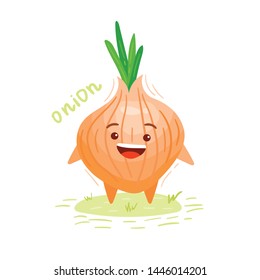Fresh Vegetable Onion isolated icon. Onion for farm market, vegetarian salad recipe design. Vector flat illustration.