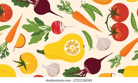  Ilustração de padrão vegetal fresco com cenoura Tomates e beterraba