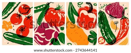 Fresh vegetable poster set. Organic natural food products for healthy diet, vintage vegetarian food covers for grocery store farm market restaurant menu. Vector abstract collection.