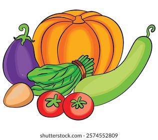 Fresh vegetable potato, brinjal, spinach, pumpkin, tomato, bottle gourd vector illustration