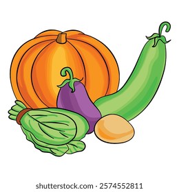 Fresh vegetable potato, brinjal, spinach, pumpkin, vector illustration