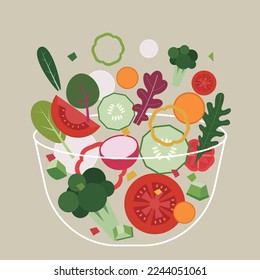 Ensalada de verduras frescas en un bol. Alimentos frescos y saludables. Nutrición vegetariana. Ilustración vectorial plana para café o menú de restaurante.