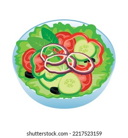 Fresh vegetable salad in a bowl icon vector. Healthy vegan salad with lettuce, tomato, cucumber, pepper, onion and olives icon vector isolated on a white background