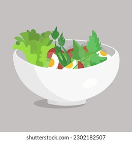 Ensalada vegetal fresca con huevos en tazón de cerámica. Alimentos frescos y saludables. Vector plano para el menú café o restaurante
