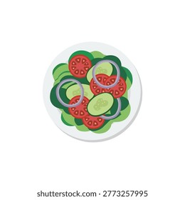 Fresh Vegetable Salad Flat Design Vector Illustration, Healthy Food Bowl with Tomato Cucumber and Onion Top View