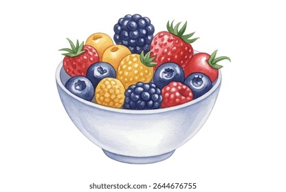 Verse groentesalade met vliegende ingrediënten. Ideaal voor blogs over gezonde voeding, receptenboeken, verpakkingen en keukenkunst. Handgeschilderd en vol levendige, biologische smaak.