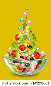 Fresh vegetable salad full of vitamins and minerals in a glass  bowl. Arugula, lettuce leaves, tomatoes, cucumbers, onion rings, avocado, olives and pepper