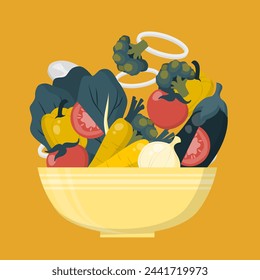 Ensalada de verduras frescas en un tazón de cerámica gris. Comida fresca y saludable. Comida vegetariana. Vector plano para el menú de cafetería o restaurante