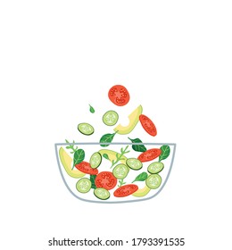 Fresh vegetable salad with green basil and arugula leaves in transparent bowl, vector illustration.