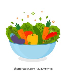 Fresh vegetable salad with lettuce, herbs, peas. The concept of proper nutrition, diet, vegan menu. flat vector illustration isolated on white background