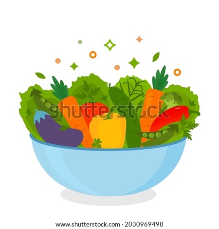 Fresh vegetable salad with lettuce, herbs, peas. The concept of proper nutrition, diet, vegan menu. flat vector illustration isolated on white background