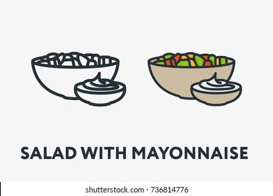 Fresh Vegetable Salad Mayonnaise Sauce Bowl Plate Vegan Minimal Flat Line Outline Colorful and Stroke Icon Pictogram