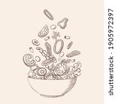 Fresh vegetable salad in sketch line style. Concept cooking organic healthy vegan, vegetarian, dietary, vitamin dish with farm products. Tomato, cucumber, bell pepper. Isolated vector illustration