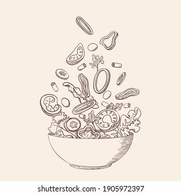 Fresh vegetable salad in sketch line style. Concept cooking organic healthy vegan, vegetarian, dietary, vitamin dish with farm products. Tomato, cucumber, bell pepper. Isolated vector illustration