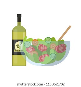 Fresh vegetable salad with tomato, carrot and olive oil. Healthy vegetarian food. Isolated vector flat illustration