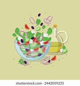 Fresh vegetable salad in a transparent bowl. That bottle of olive oil. Fresh and healthy food. Vegetarian food. Flat vector for cafe or restaurant menu. 2024