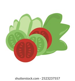 Ilustração de vetor de salada vegetal fresca, com alface crocante, tomates suculentos e fatias de pepino. para complementar a comida e decorar alimentos