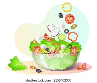 Fresh vegetable salad. Vegetables, healthy eating, dieting concept. Isolated vector illustration for flyer, poster, banner.