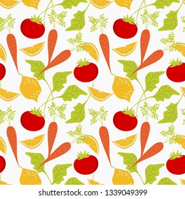 Fresh vegetable seamless pattern. Fresh carrots with green leaves, lemone and tomato.