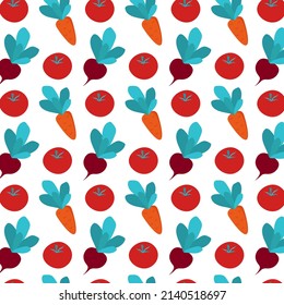 Fresh vegetable seamless pattern with carrots, tomato and beet. Flat isolated vector fabric print template. Healthy eating diet backdrop. Farm food wrapping paper.
