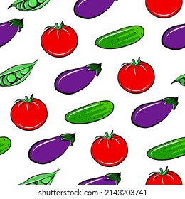 Fresh vegetable seamless pattern with eggplant, tomato, cucumber and green peas. Flat isolated vector fabric print template. Healthy eating diet backdrop. Farm food wrapping paper.
