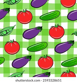 Fresh vegetable seamless pattern with eggplant, tomato, cucumber and green peas. Flat isolated vector fabric print template. Healthy eating diet backdrop. Farm food wrapping paper.