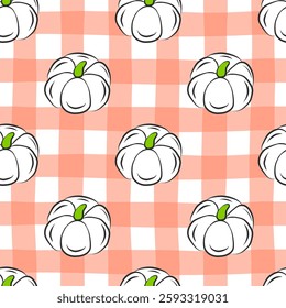 Fresh vegetable seamless pattern with pumpkins. Flat isolated vector fabric print template. Thanksgiving, harvesting concept backdrop. Farm food wrapping paper. Illustration in flat outline style.