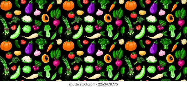 Fresh vegetable seamless pattern. Fresh summer wallpaper. Organic harvest illustration in vector cartoon style