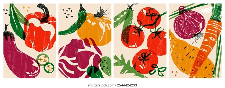 Conjunto de vegetales frescos. Productos orgánicos de alimentos naturales para una dieta saludable, cubiertas de alimentos vegetarianos para el menú del restaurante o mercado de la granja. Vector de dibujos animados colección aislada.